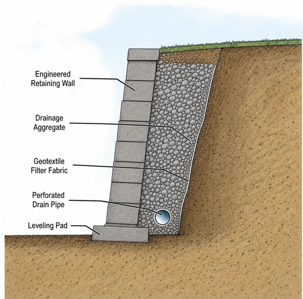 Cross-section of a retaining wall showing the engineered wall, drainage aggregate, geotextile filter fabric, perforated drain pipe and levelling pad