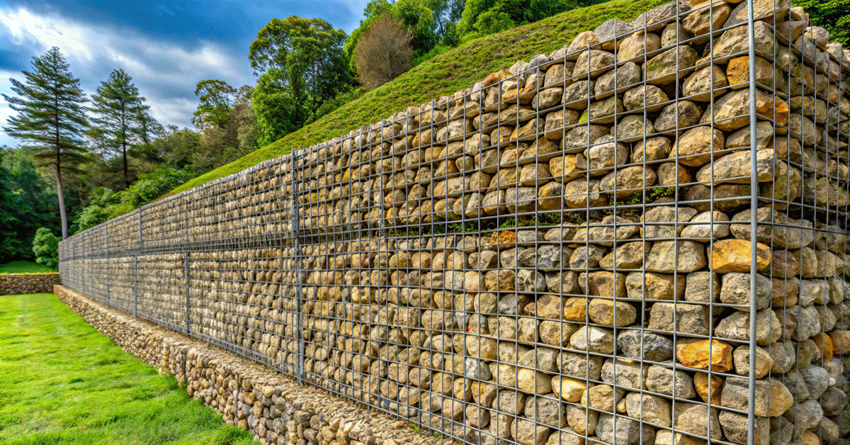Completed rock-filled gabion retaining wall on a sloping site
