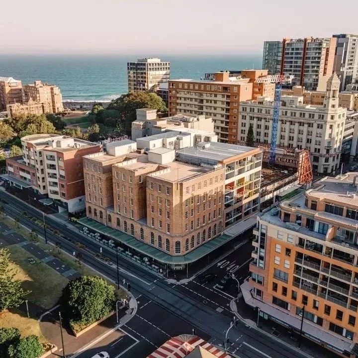 Aerial view of the Great Northern Hotel, Newcastle NSW, a heritage hotel restored by METCON
