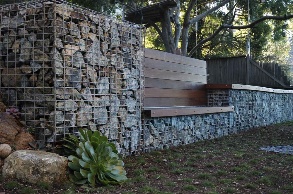 Gabion wall with timber bench, Double Bay