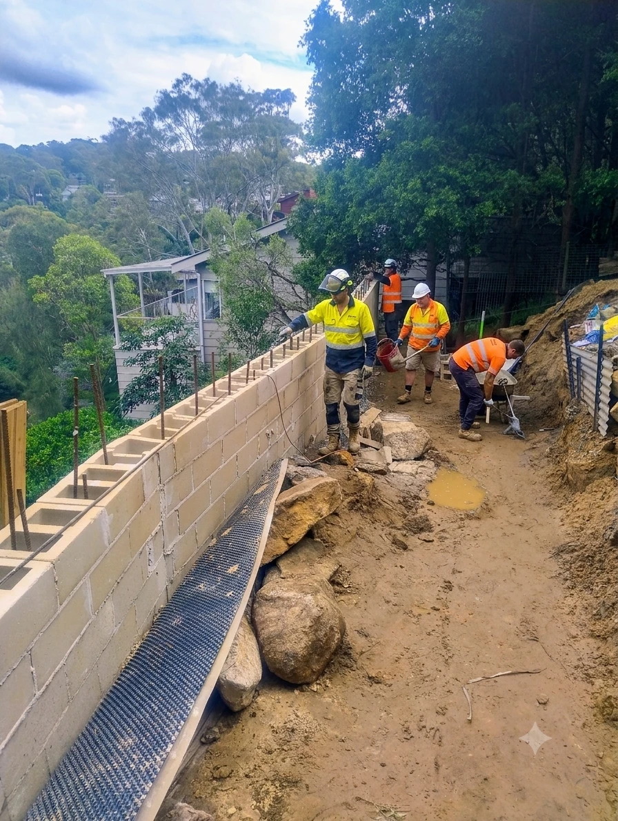 METCON team building a structural retaining wall