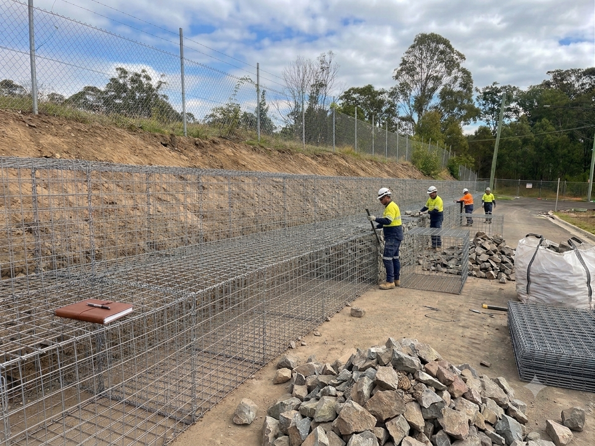 Retaining wall under construction with drainage detail