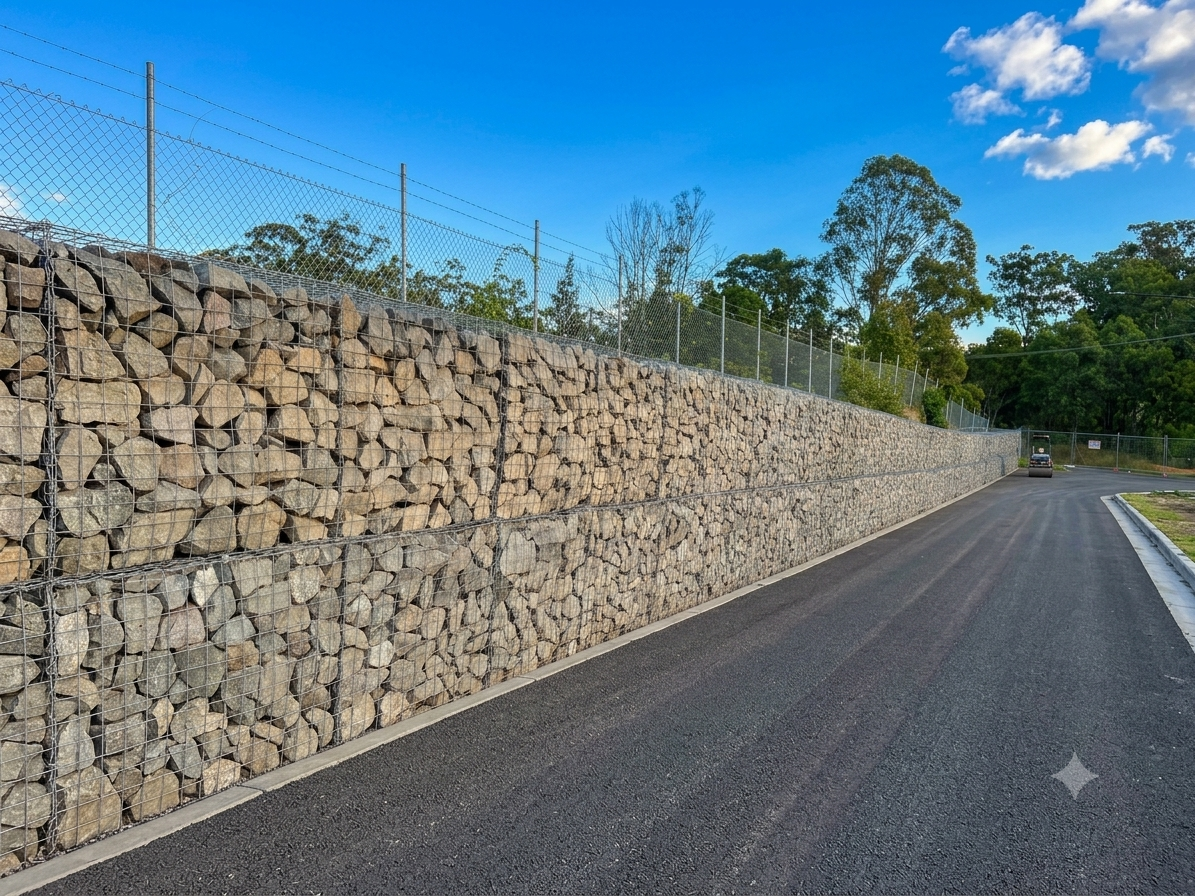 Completed gabion retaining wall