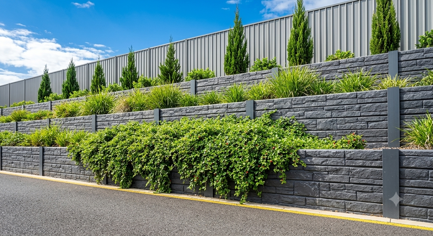Engineered concrete sleeper retaining wall by METCON, Sydney
