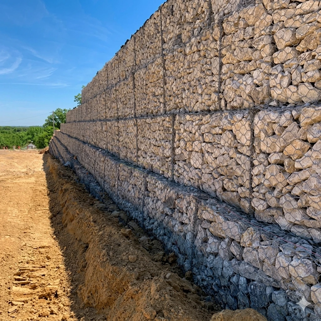 Gabion retaining wall under construction